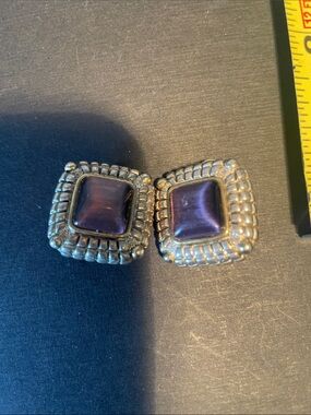 Square Silver-Tone Earrings with Deep Purple Cabochons